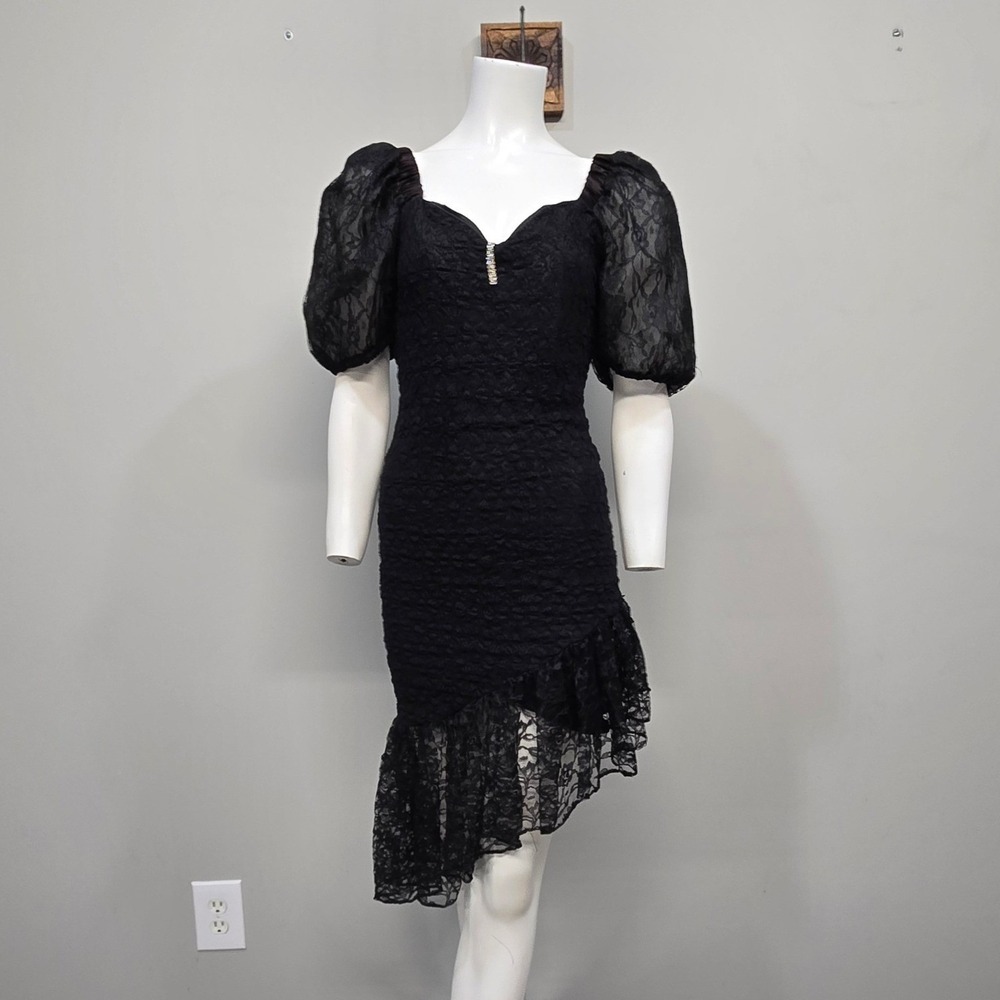 VTG 80s Prom Party Dress 8 Mini Lace Puff Sleeve Asymmetrical Fairy Goth Glam